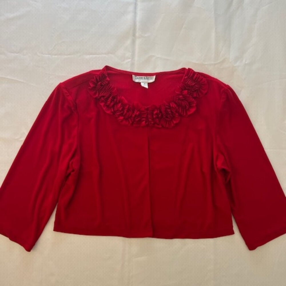 Danny & Nicole Jacket Women 16 Red Excellent Ruffle Trim Cropped 3/4 Sleeve